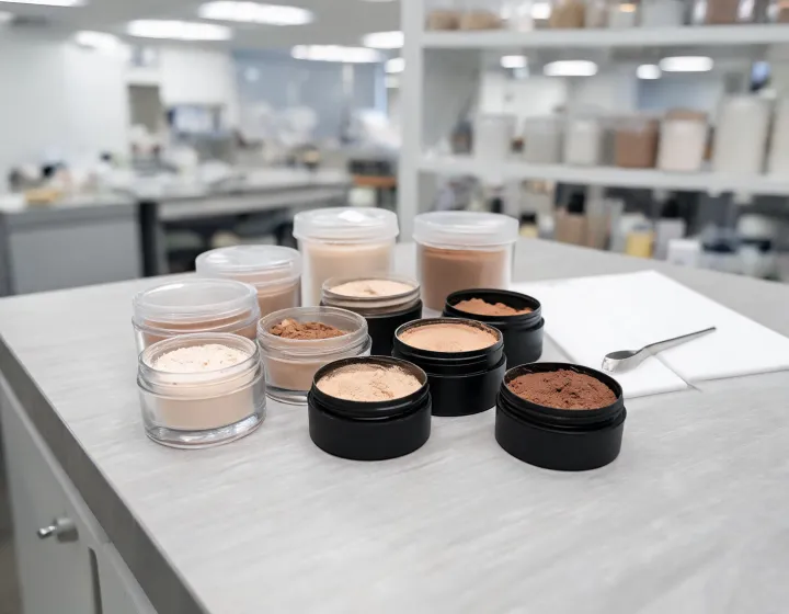 Powder Foundation Sourcing on a cosmetics bench, illustration only