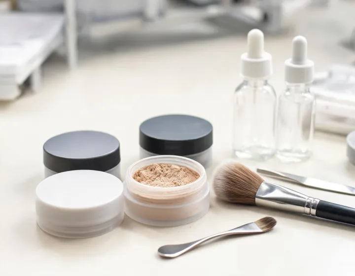 mineral powder foundation on a cosmetics bench, illustration only