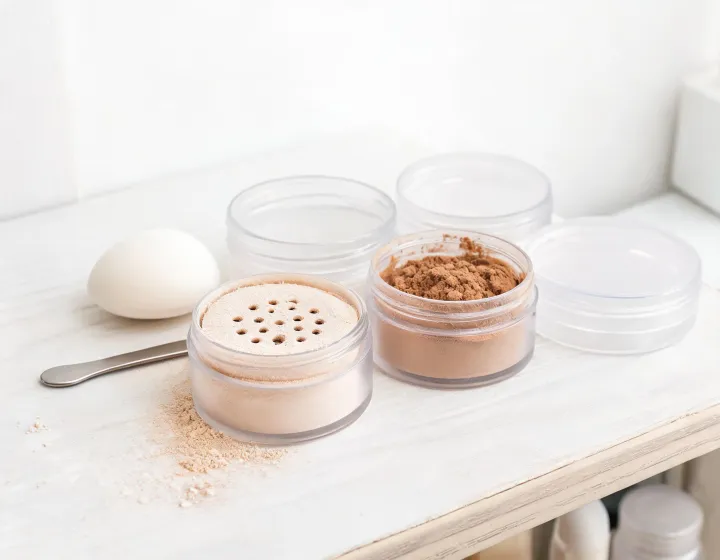 loose powder foundation on a cosmetics bench, illustration only