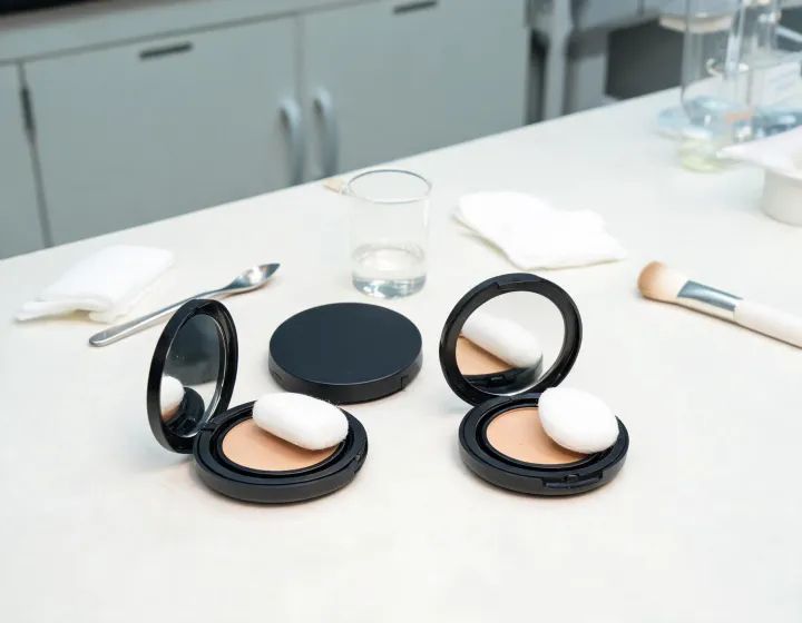 powder foundation for mature skin on a cosmetics bench, illustration only